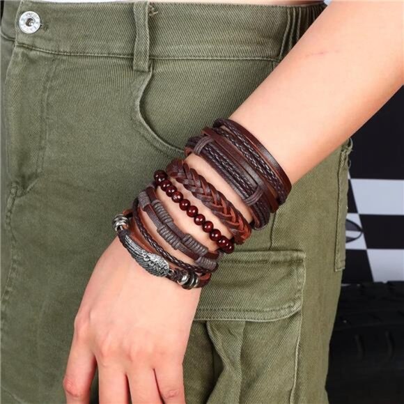 Braided Leather Bracelet Set Punk Cuff Wrap Bracelets Adjustable Men Women - Picture 6 of 7